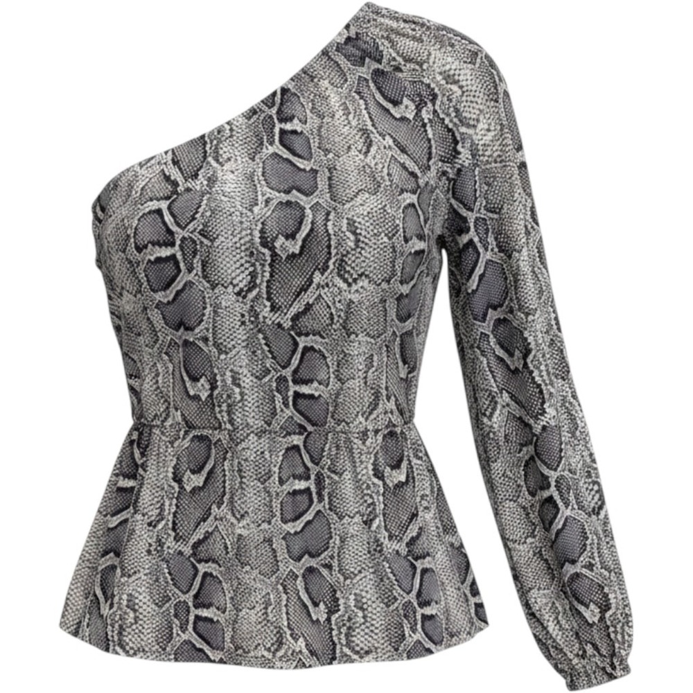 Michael Kors Womens One Shoulder Blouse Gray Snake Print XL MF1503T284 NWT